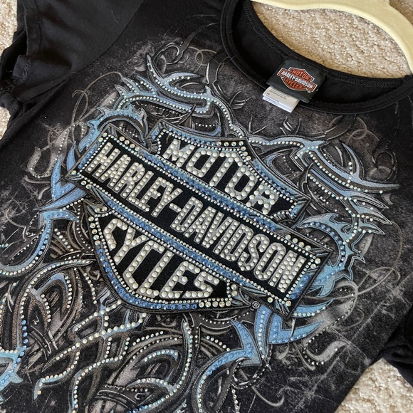 Sexy Women’s Harley Davidson Short Sleeve Shirt Lace Up Rhinestones Size XS - Picture 2 of 5